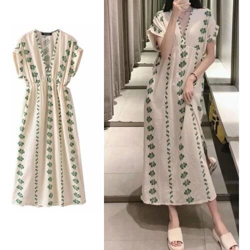 TRAF Za Women Green flower Print Midi Dress Vintage Fashion Chic V Neck Short Sleeve 2021 Summer Woman Dresses Vestidos Mujer
