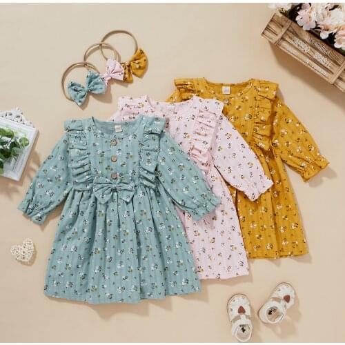2-6Years Girl’s Casual Long Sleeve Dress Fashion Floral Bow Ruffles A-line Short Dress and Headband