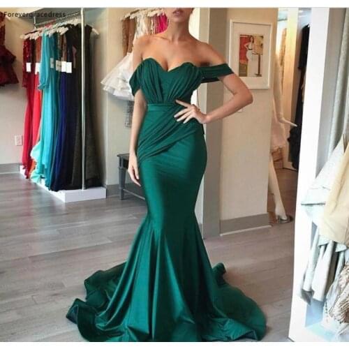 Simple Elegant Dark Green Stretchy Satin Evening Dress Off the Shoulder Mermaid Backless Formal Wear Party Gown Custom Made