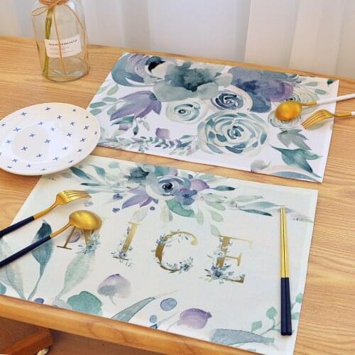 Rectangle Placemats for Table Ink Painting Style Blue Rose Pattern Coaster Pad Wedding Party Home Tabletop Decor Easy To Scrub
