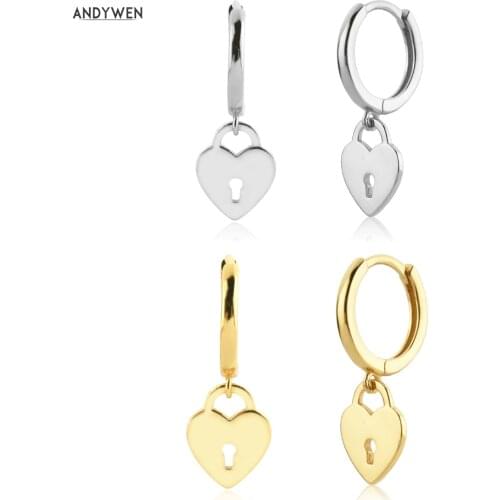ANDYWEN 925 Sterling Silver Gold Heart Key Pendiente Piercing Drop Earring Clips Earring Loops Fine Jewelry Rock Punk Jewels