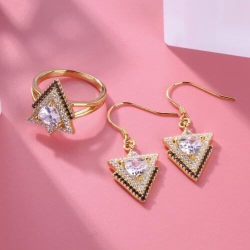 TGNEL S925 Sterling Silver Jewelry Set Triangle Drop Earrings Rings Inlay Cubic Zircon 100% Silver for Women Girl Engagement