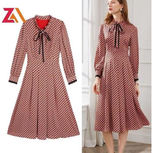 ZAlady Vintage Midi Dresses Women Summer Clothes Long Sleeve Bow Retro Elegant Casual Office Work Red Dress Plus size Vestidos