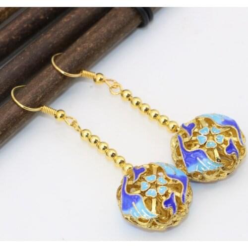 Factory outlet original design17mmChinese hollow cloisonne long dangle earrings women weddings party gifts pierced jewelry B2604