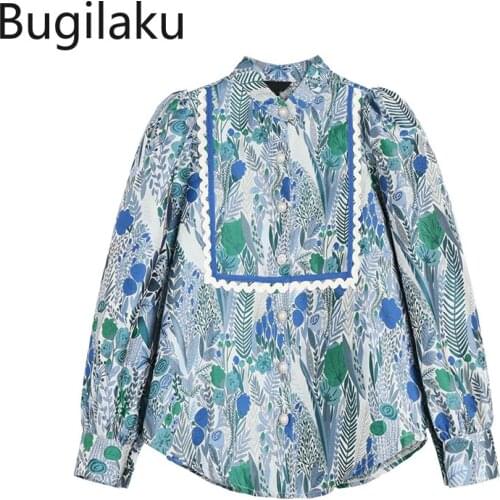 Bugilaku 2021 New Arrival Blouse Women Patchwork Stand Collar Button Up Shirts French Style Floral Printed Long Sleeve Tops