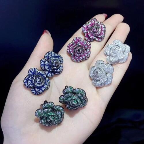 Camellia flower stud earring white green blue rose red color romantic plant 925 sterling silver fine women jewelry 24MM