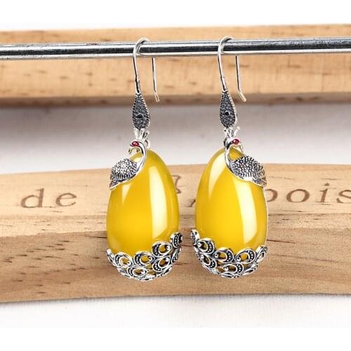 ZHJIASHUN Peacock Natural Gemstones Drop Earrings For Women Vintage 100% 925 Sterling Silver Chalcedony Agate Earring Jewelry