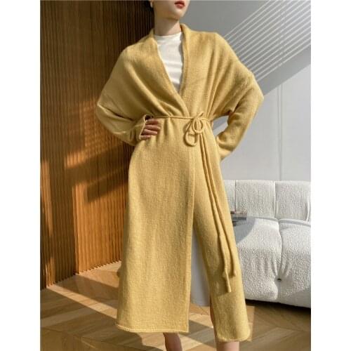 [ZAYAU]Knitted Lace Up Cardigan Coat womens New Autumn and Winter Wear Loose and Lazy Style Long Soft Fashion Sweater 2021