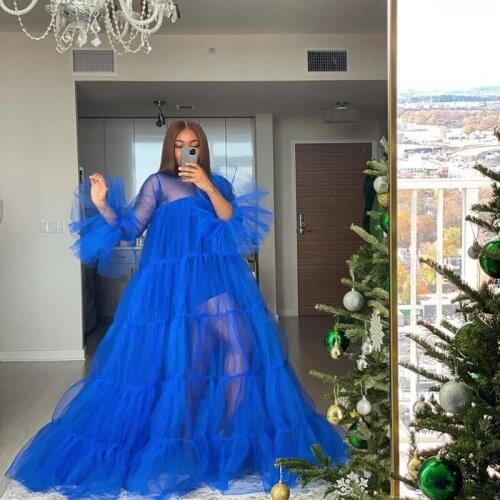 See Thru Royal Blue Christmas Long Women Outfit Full Sleeves Tulle A-line Women Dresses Sexy Long Robe Female Kimono