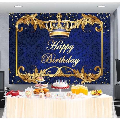 Golden Crown Blue Happy Birthday Background For Photography Birthday Party Banner Poster Customized Photozone Photo Backdrop