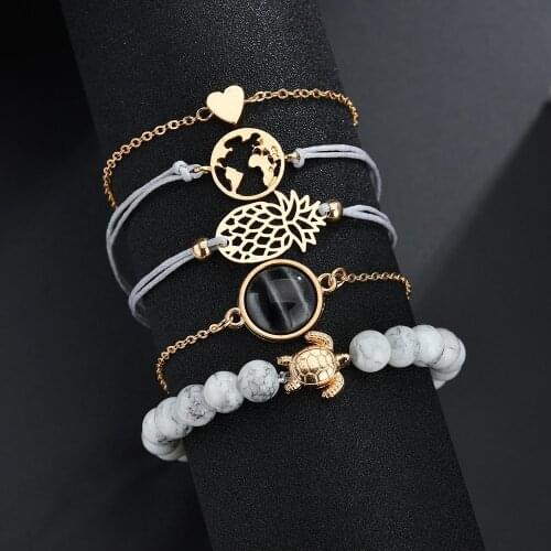 5Pcs/Set Bohemian Turtle Map Heart Charm Bracelets Bangles Sets For Women Vintage Multilayer Beads Rope Chain Jewelry Party Gift