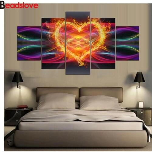 5D DIY Diamond Painting Abstract Lines Fire Heart 5 Panel wall Decoration Diamond Embroidery Full Square Round Drill Mosaic