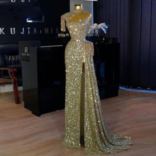 Sparkly Silver Sequined Prom Dresses Halter One Shoulder Tassel Sexy High Split Evening Gowns Sweep Train Formal Party Dress