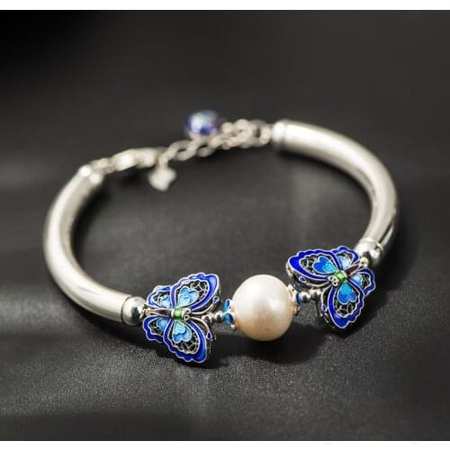 925 Silver Butterfly Bracelet hand-woven Natural Freshwater Pearl Bracelet Filigree Butterfly Bead Jewelry