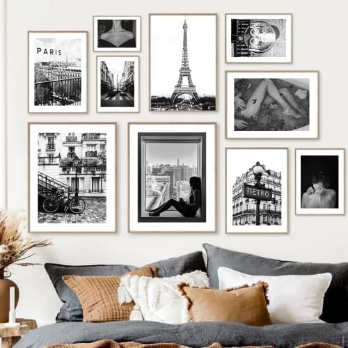 Black White Wall Art Canvas Painting Paris Tower Building Woman Flower Nordic Posters And Prints Decor Pictures For Living Room