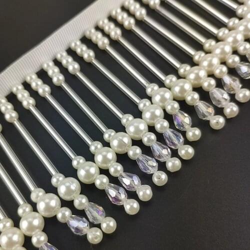 7cm wide Long Bugle Beads And Pearl Crystal Beads Beaded Fringe Dancewear Wedding Dress Costume Fringe DIY Sewing Supplies
