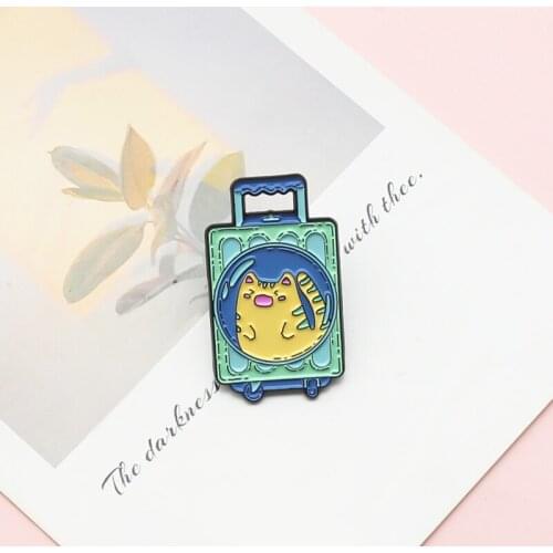 Yellow cat portable suitcase Enamel Brooch Cartoon animal kitten Travel Case Lapel Pin Meow meow Lovely jewelry Badge Gifts