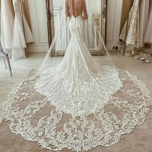 Custom Made Chapel Length Bridal Veils Appliqued Lace Edge Long Wedding Veils 2020 Vestido De Noiva Longo Wedding Veil