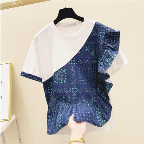 Irregular Flounced Printed Splice Hit Color T-shirt Women 2020 Summer Loose Round Neck Short Sleeve Fashion T shirt Female Z118