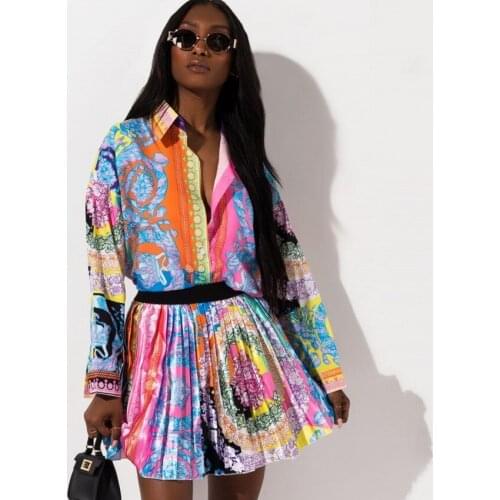 KALENMOS 2 Pieces Sets Sexy Autumn Fashion Women Set 2020 Female Tops Floral Print Long Sleeve Shirt Elastic Waist Mini Skirts