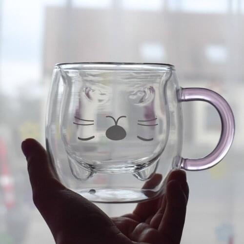 INS Coffee Mug Double Wall Milk Cup Cute Glass Creative Kawaii Juice Vaso Gato Oso Taza Doble Cristal Valentines Day Gift