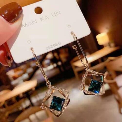 Korean Fashion Hollow-out Geometric Blue Crystal Earring 2021 New Charm Women Gold Color Dangle Earring Trend Lady Party Jewelry