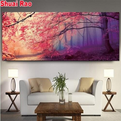 Red tree Diamond embroidery full square round drill, mosaic picture of rhinestones 5d diy diamond painting Foggy woods decor