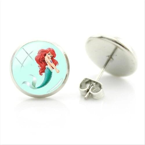 Disney Mermaid And Cute Snow White Pattern Earrings Glass Cabochon Fashion Simple Style Jewelry Jewelry