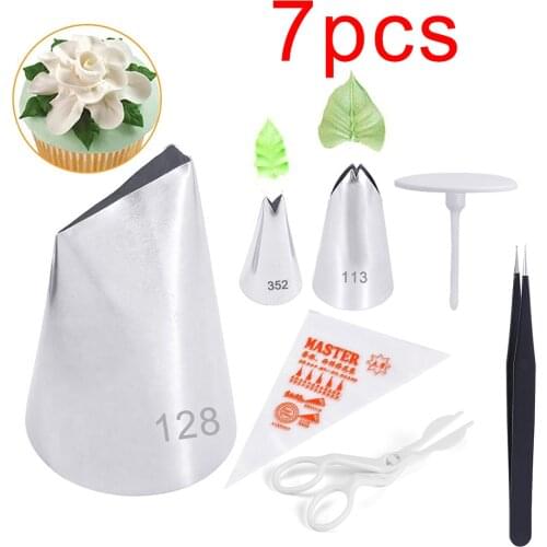 7PCS Rose Flower Stainless Steel Nozzle Tips DIY Cake Decorating Tools Icing Piping Cream Pastry Bag Nozzle Tweezer Kitchen Tool