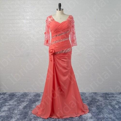 Charming On Sale Latest 2021 Coral Mother of the Bride Dresses V Neckline with 3/4 Sleeves Beaded Wedding Party Gowns Pleating