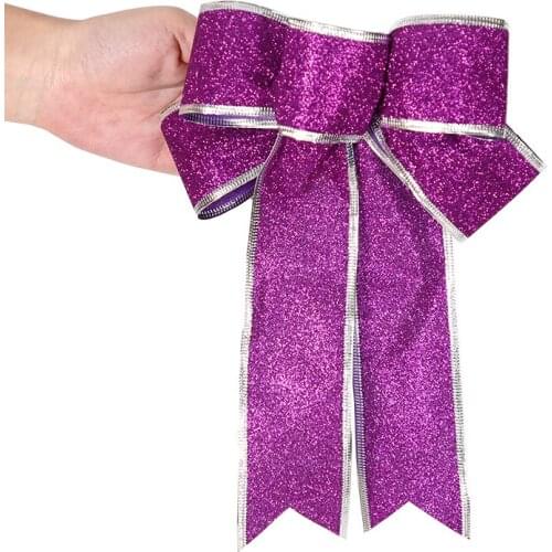 Festival Decoration Bow-knot Glitter Purple 25cm Bows With Bell Christmas Tree Decorations Bow Tie Party Wedding Decor