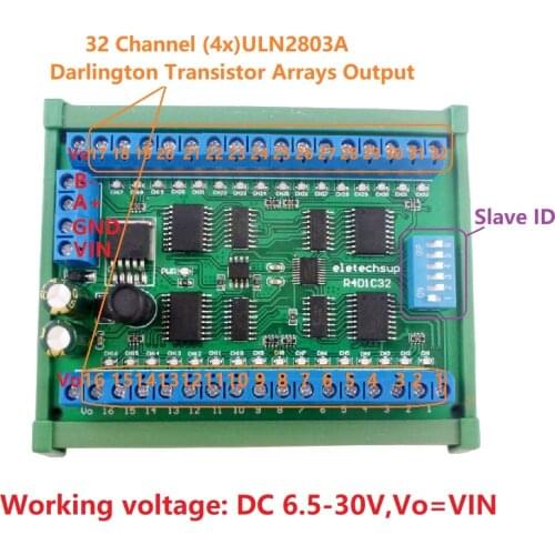 DC 12V 24V 32-Channels DIN35 C45 Rail Box RS485 Modbus RTU ULN2803A Darlington Transistor Controller PLC IO expansion Board