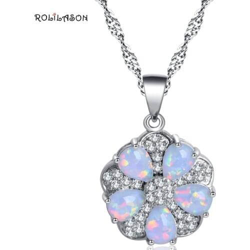 ROLILASON Anniversary White Fire Opal Rhombus Flower style silver color Necklace Pendant for women fashion jewelry OP771