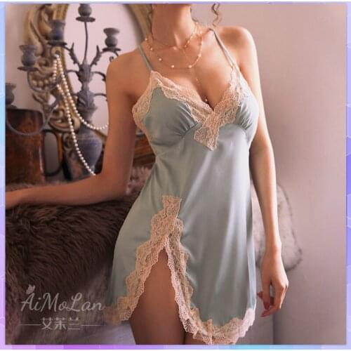 Sexy Night Dress Womens Backless Nightgown Ice Silk Sleepwear Through Lace V-Neck Nightwear Temptation Erotic Nightdress
