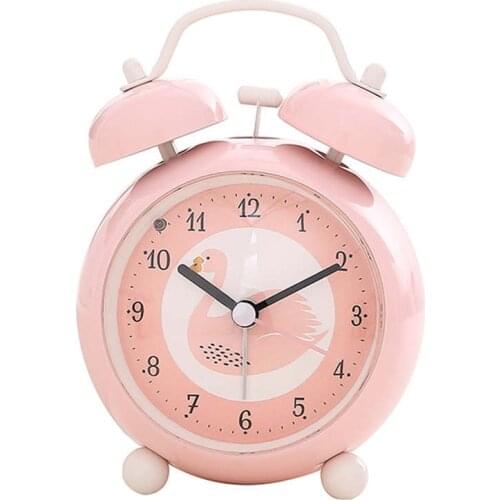 3 Inch Cute Metal Ringing Alarm Clocks Student Bedside Mute Snooze Bell Clocks Decor Pink Flaming-bird Clock with Night Light