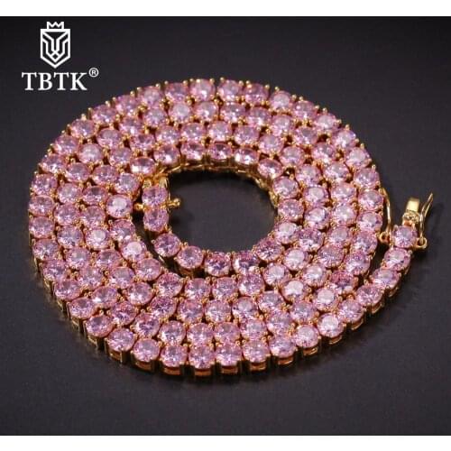 TBTK 4mm Pink Iced Out Necklace Crystal Stones Zirconia Silver Color Metal Fashion Hiphop Jewelry Women Gifts Charms