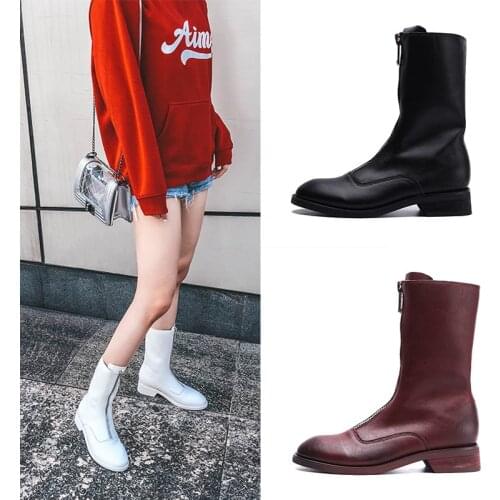 Genuine leather front zipper mid-calf boots women famous designer red/white short bottes femme vintage brush off short boots 280
