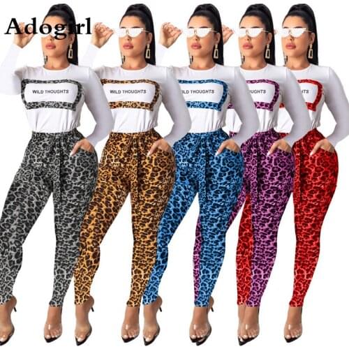Adogirl Letter Print WomenTracksuit Long Sleeve T Shirts + Leopard Pencil Pants With Pockets Sportwear 2019 Autumn 2 Piece Set