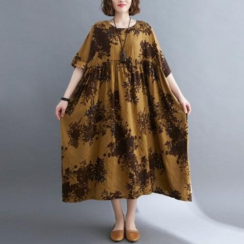 2021 Summer Big Plus Size Sundress Cotton Linen Print Dress Women Short Sleeve Casual Loose Lady Holiday Dresses