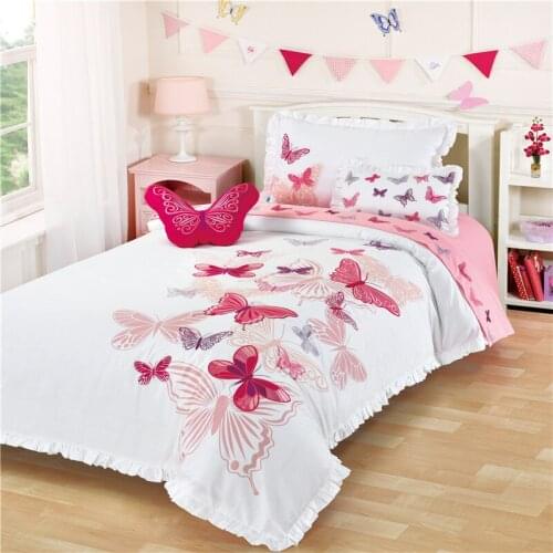 Free shipping 3/4pcs children cartoon butterfly embroidery ruffles princess bed for kids girl bedding set twin full queen size