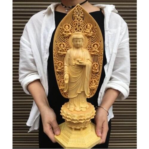 43CM Large High grade boxwood wood carving All-powerful Buddha statue home Temple efficacious bless Talisman carving Sculpture