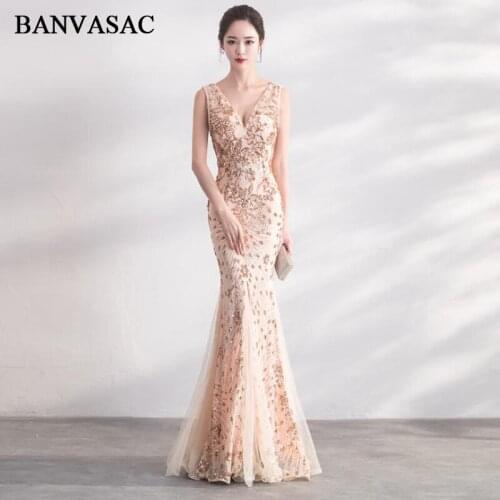 BANVASAC Sequined Sexy V Neck Split Mermaid Long Evening Dresses 2018 Lace Appliques Backless Party Prom Gowns