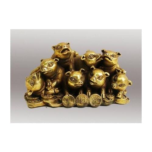 Free shipping Copper Brass Collectible Chinese Decorated Copper Carved 8 pig Sculpture/Metal pig Statue