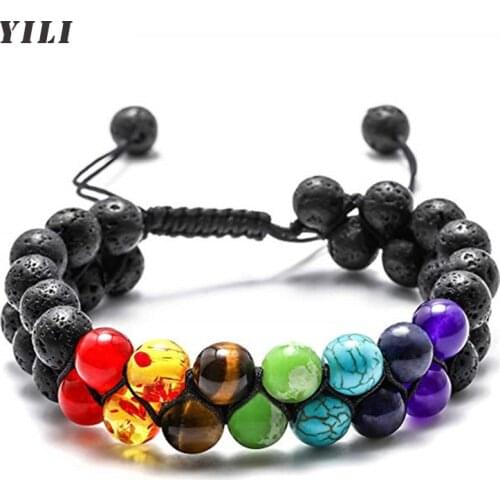 Bead Chakra Bracelet 7 Chakras Lava Rock Stone Bracelet Healing Yoga Stone Beads Bracelets Meditation Bracelet for Womens Mens