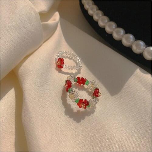 2pcs Flower Handmade Beaded Rings Set Korean Cute Transparent Crystal Colorful for Women Girls aesthetic Summer 2021 New Jewelry