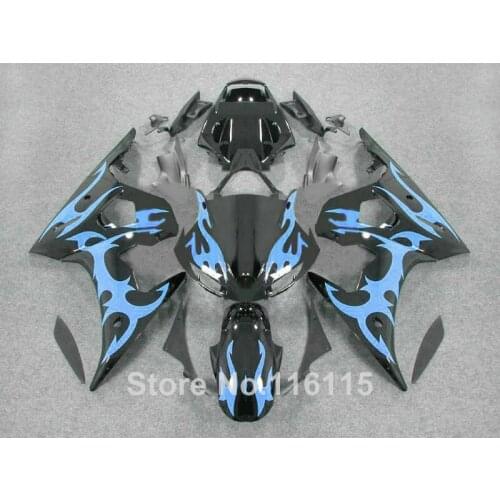 ABS full fairing kit fit for YAMAHA R6 2003 2004 2005 blue flames in black YZF R6 fairings set 03 04 05 #147