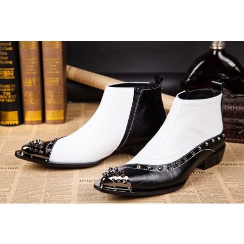 Korean style pointed toe high top winter men boots with fur studded rivets work military boots flats winter shoes men cowboy