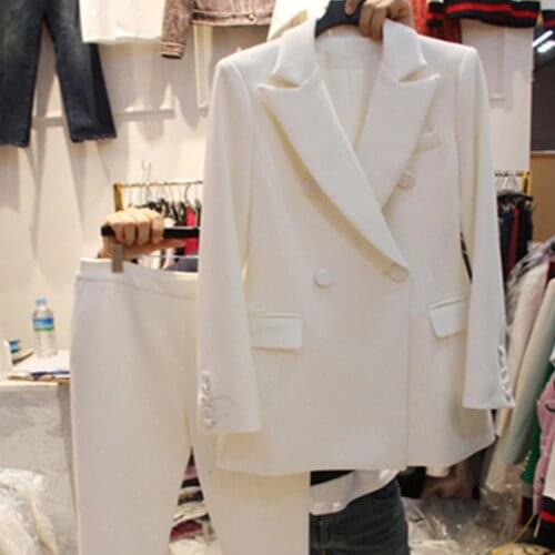 High Quality White Suit Female Korean Fashion Ladies Real Slim Blazer Suit Two Piece Trousers + Blazers 2PC Female Sets Pants