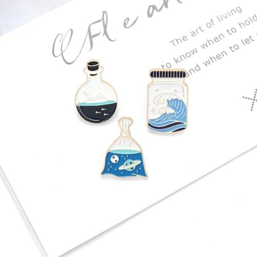 Cartoon creative ocean wave drifting bottle alloy pin universe space planet pin ocean glass bottle badge wholesale