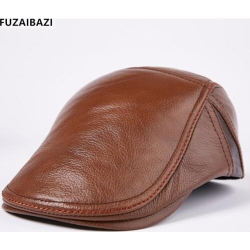 FUZAIBAZI Fashion New Men Genuine Leather Hat Male Bone First Layer Cowhide Berets Gorras Winter Keep Warm Leisure Tourism Hats